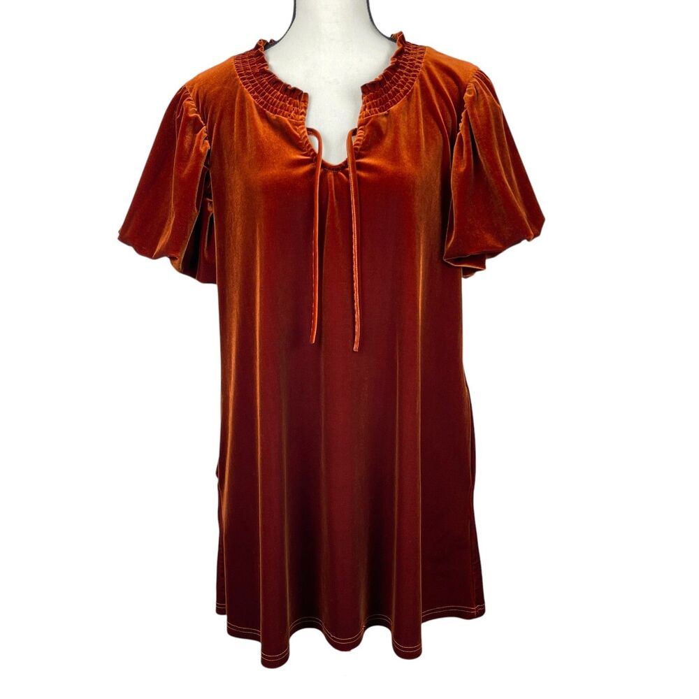 New In Women's Mini Dress Large Rust Velvet Short Puff Sleeve Smocked Neck Tunic